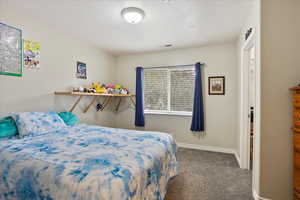 Bedroom with carpet floors and a textured ceiling