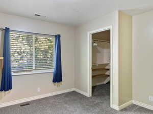 Unfurnished bedroom featuring carpet flooring, a spacious closet, and a textured ceiling