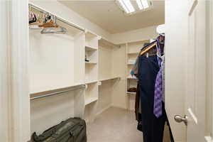 Spacious walk-in closet featuring light carpet