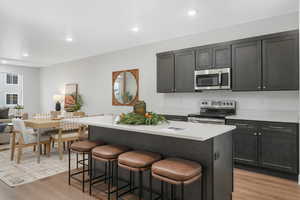 Kitchen with stainless steel appliances, a center island, a breakfast bar area, and light wood-type flooring