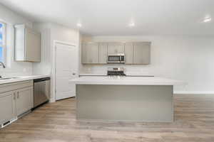 Kitchen with gray cabinets, a kitchen island, sink, stainless steel appliances, and light hardwood / wood-style flooring