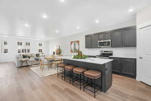 Kitchen featuring light hardwood / wood-style flooring, a center island with sink, a breakfast bar area, and appliances with stainless steel finishes