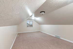 Additional living space with lofted ceiling, carpet floors, and a textured ceiling