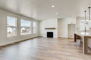 Unfurnished living room featuring sink, light hardwood / wood-style flooring, and a textured ceiling