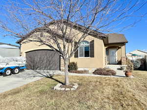 View of front of house with a garage and a front yard