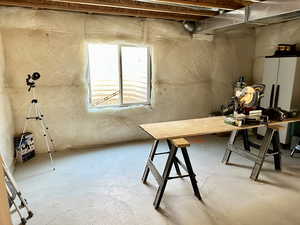 Basement featuring a workshop area