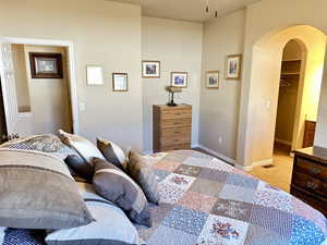 Bedroom with a walk in closet and carpet flooring