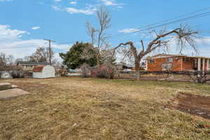 View of yard featuring a shed