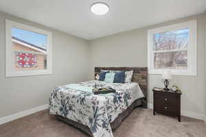 Bedroom featuring light carpet