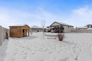 Snowy yard featuring a trampoline and a shed