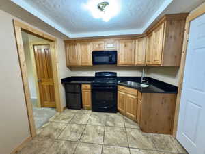 Basement kitchen with black appliances
