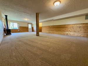 Basement family room featuring wooden walls, a wood stove, a textured ceiling, a wainscoted wall, and carpet