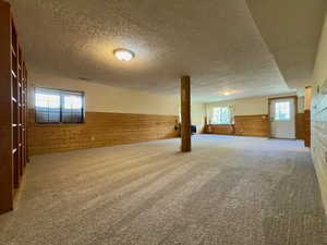 Basement with a wainscoted wall, wooden walls, a textured ceiling, and carpet floors
