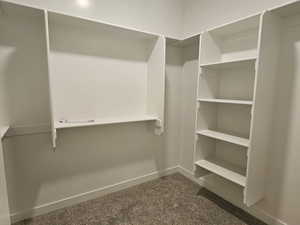 Walk in closet with dark carpet