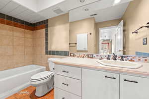 Full bathroom featuring tile walls, vanity, tile patterned floors, toilet, and tiled shower / bath