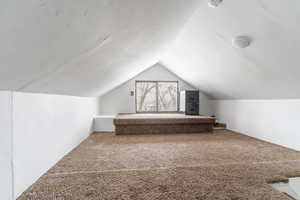 Additional living space with lofted ceiling and carpet