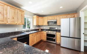 Kitchen with sink, dark wood-type flooring, stainless steel appliances, light brown cabinetry, and dark stone counters