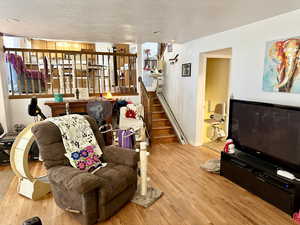 Living room featuring wood-type flooring and a textured ceiling