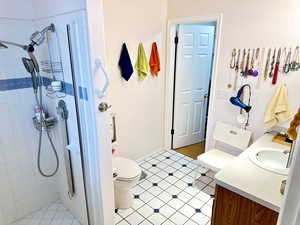 Bathroom with vanity, toilet, and a tile shower