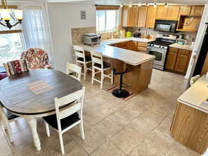 Kitchen with sink, a breakfast bar area, stainless steel range with gas stovetop, kitchen peninsula, and backsplash