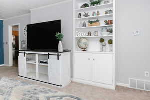 spacious living room with built in cabinetry