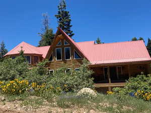 Back of property featuring log exterior, a metal roof, and a porch