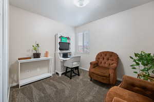 Living area featuring dark carpet and a textured ceiling