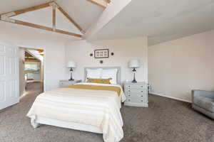 Carpeted bedroom with high vaulted ceiling