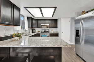 Kitchen with sink, dark brown cabinets, stainless steel appliances, and light hardwood / wood-style floors