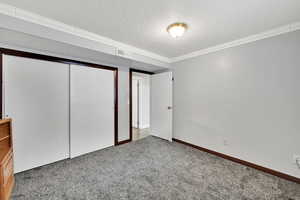 Unfurnished bedroom with crown molding, a closet, a textured ceiling, and carpet flooring