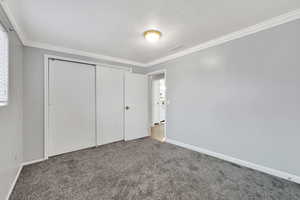 Unfurnished bedroom with crown molding, carpet floors, and a closet