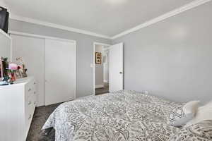 Carpeted bedroom featuring ornamental molding, a textured ceiling, and a closet