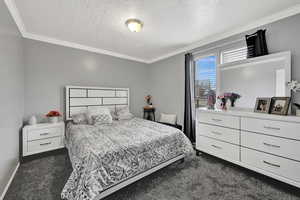 Bedroom featuring dark colored carpet, ornamental molding, and a textured ceiling