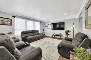 Living room featuring wood-type flooring, ornamental molding, and a textured ceiling