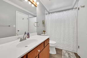 Bathroom with ornamental molding, toilet, hardwood / wood-style floors, and vanity