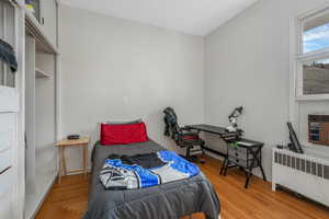 Bedroom with radiator heating unit and light hardwood / wood-style flooring