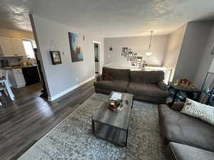 Living room with a textured ceiling and dark hardwood / wood-style flooring