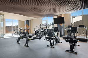 Workout area with a wall of windows and a healthy amount of sunlight