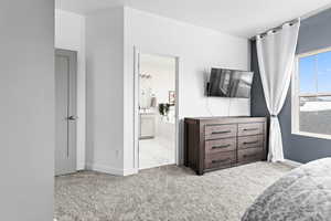 Carpeted bedroom with ensuite bathroom