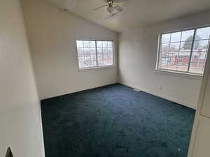 Spare room featuring dark colored carpet, vaulted ceiling, a wealth of natural light, and a textured ceiling