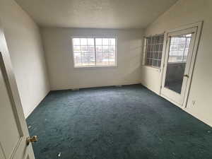 Carpeted spare room featuring vaulted ceiling and a textured ceiling