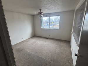 Empty room featuring ceiling fan, carpet floors, and a textured ceiling