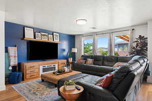 Living room featuring a textured ceiling and light hardwood / wood-style floors