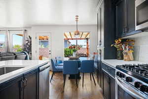 Kitchen featuring stainless steel appliances, plenty of natural light, pendant lighting, and dark hardwood / wood-style flooring