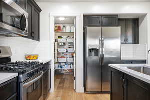 Kitchen featuring sink, decorative backsplash, light hardwood / wood-style flooring, and stainless steel appliances