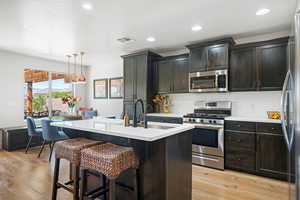 Kitchen with appliances with stainless steel finishes, light hardwood / wood-style floors, an island with sink, and hanging light fixtures