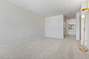 Unfurnished room with light carpet and a textured ceiling