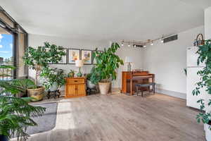 Sitting room featuring rail lighting and hardwood / wood-style floors