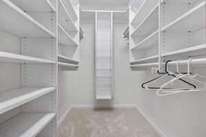 Walk in closet with light colored carpet