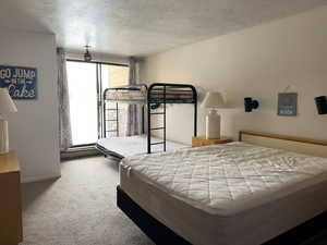 Carpeted bedroom with a textured ceiling